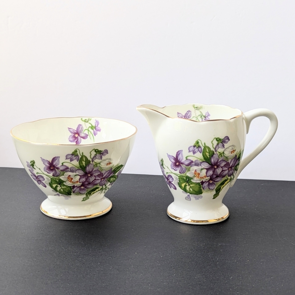 Gladstone English Bone China Vintage Creamer & Sugar Bowl Violets Cottagecore